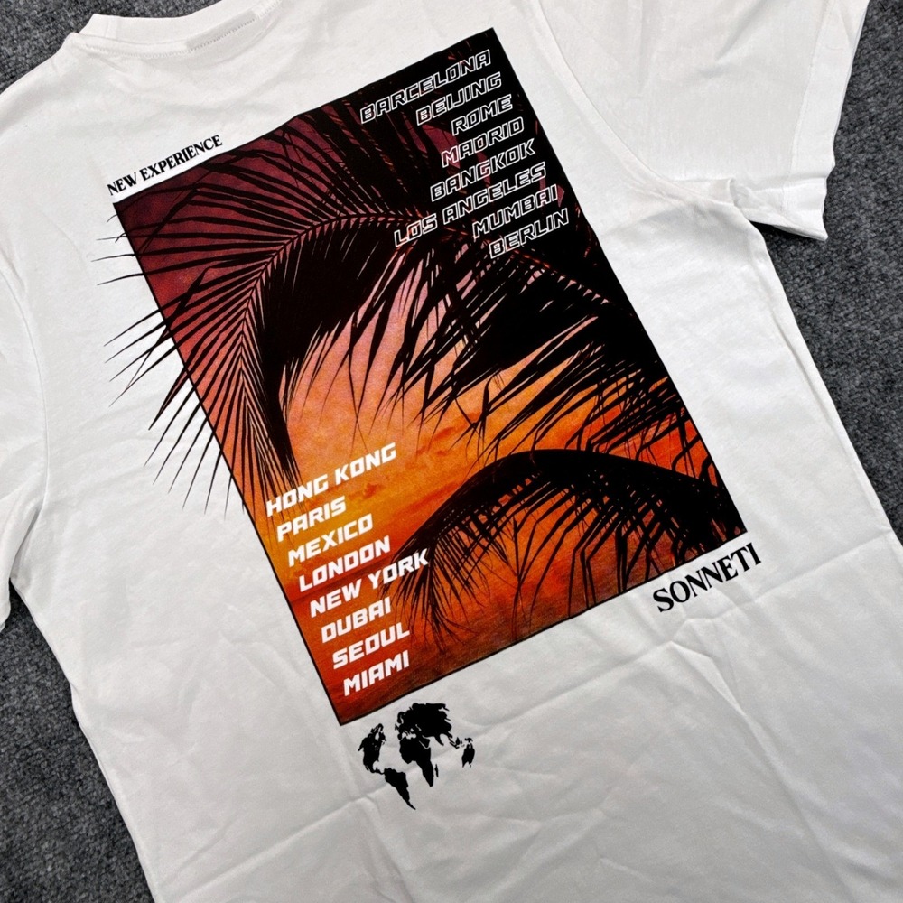 Sonneti London Mens Large White Sunset Palm Tree Map Tee Graphic T-Shirt NWT